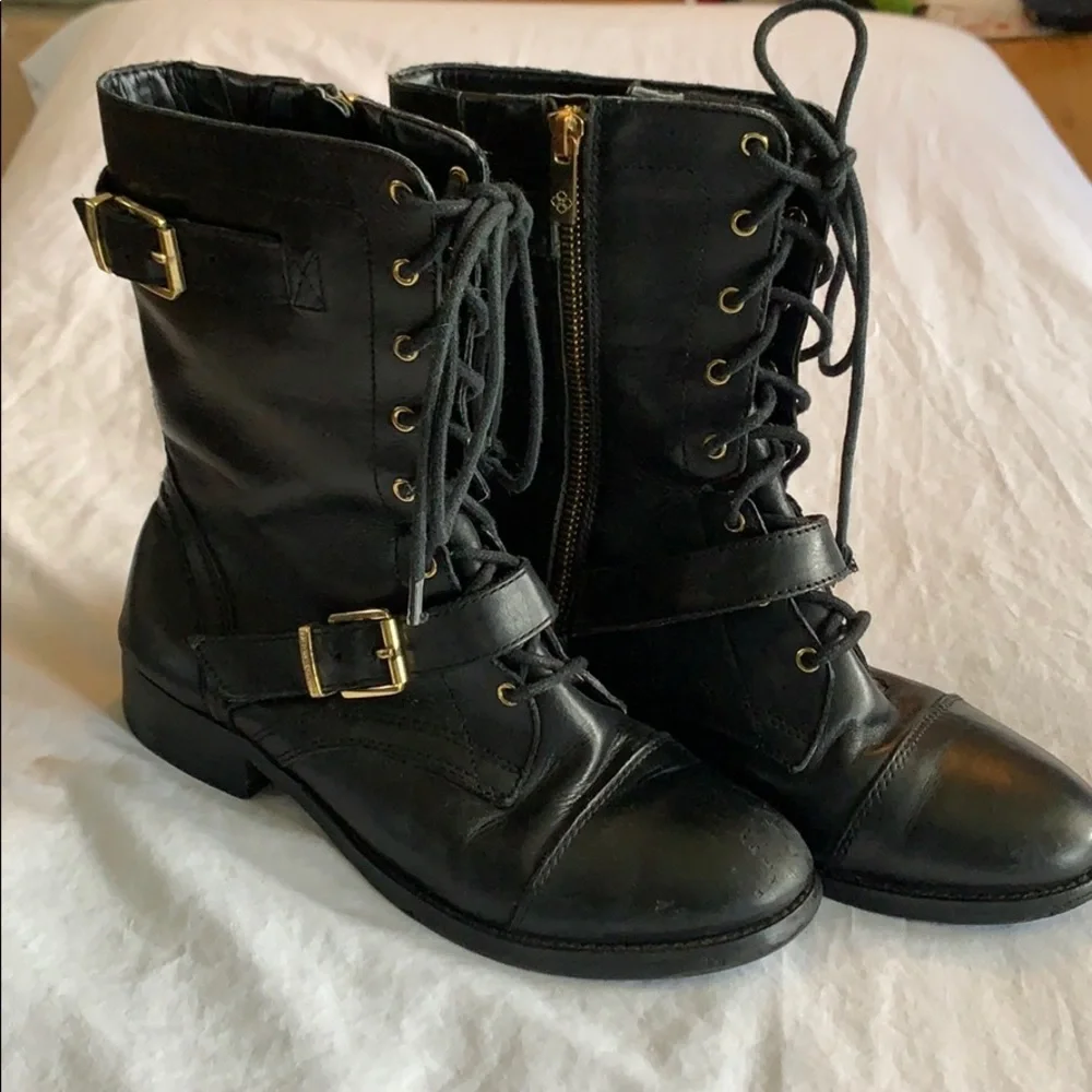 Black with Gold Buckle Arturo Chiang Combat Boots - Picture 1 of 8